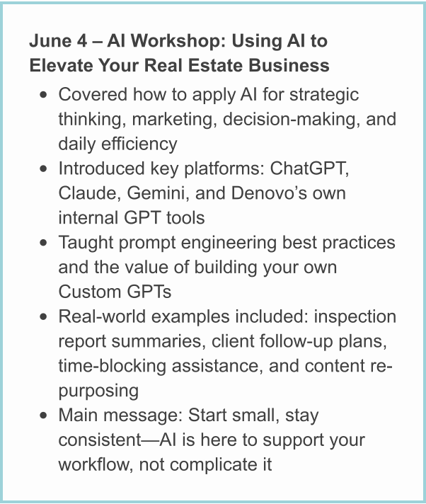 June 4 – AI Workshop: Using AI to Elevate Your Real Estate Business • Covered how to apply AI for strategic thinking, marketing, decision-making, and daily efficiency • Introduced key platforms: ChatGPT, Claude, Gemini, and Denovo’s own internal GPT tools • Taught prompt engineering best practices and the value of building your own Custom GPTs • Real-world examples included: inspection report summaries, client follow-up plans, time-blocking assistance, and content re-purposing • Main message: Start small, stay consistent—AI is here to support your workflow, not complicate it